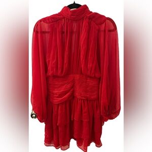 EXPRESS Mock Neck Long Sleeve Pleated Waist Tiered Ruffle Mini Dress red